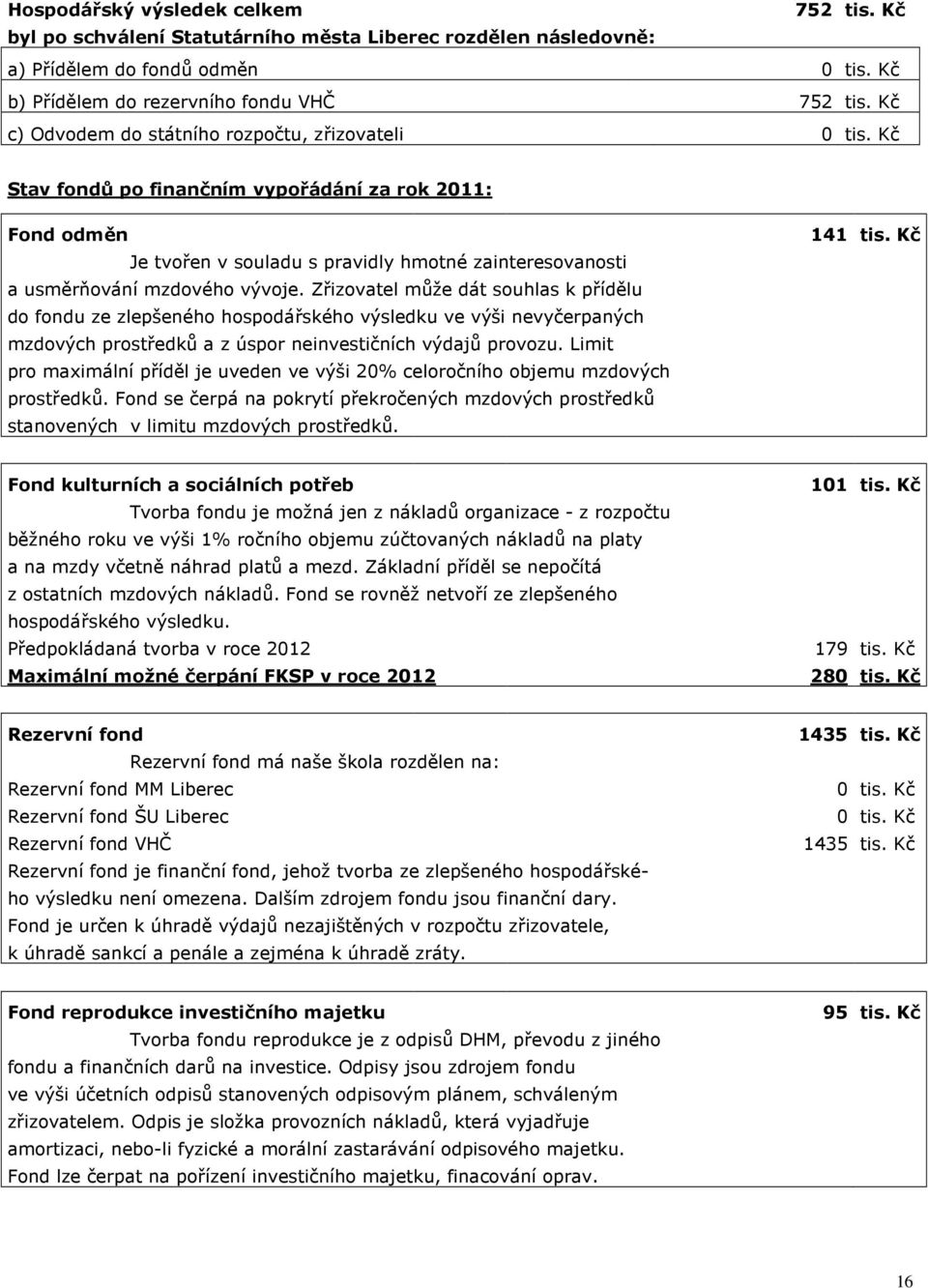 Kč Stav fondů po finančním vypořádání za rok 2011: Fond odměn Je tvořen v souladu s pravidly hmotné zainteresovanosti a usměrňování mzdového vývoje.