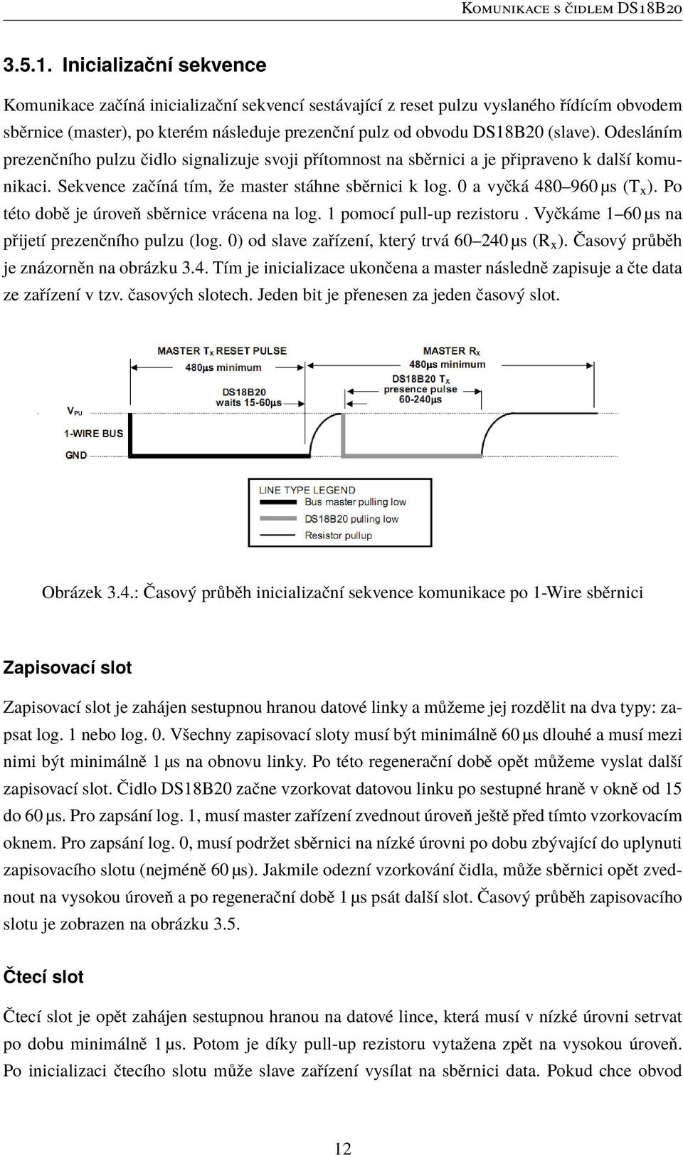 Inicializační sekvence Komunikace začíná inicializační sekvencí sestávající z reset pulzu vyslaného řídícím obvodem sběrnice (master), po kterém následuje prezenční pulz od obvodu DS18B20 (slave).