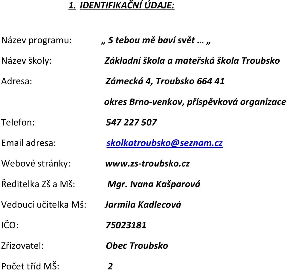 organizace Email adresa: Webové stránky: Ředitelka Zš a Mš: Vedoucí učitelka Mš: skolkatroubsko@seznam.