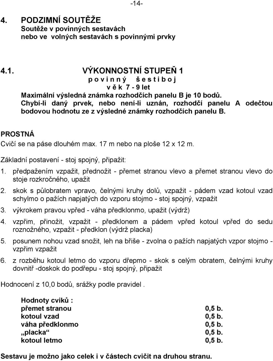 Základní postavení - stoj spojný, připažit: 1. předpažením vzpažit, přednožit - přemet stranou vlevo a přemet stranou vlevo do stoje rozkročného, upažit 2.