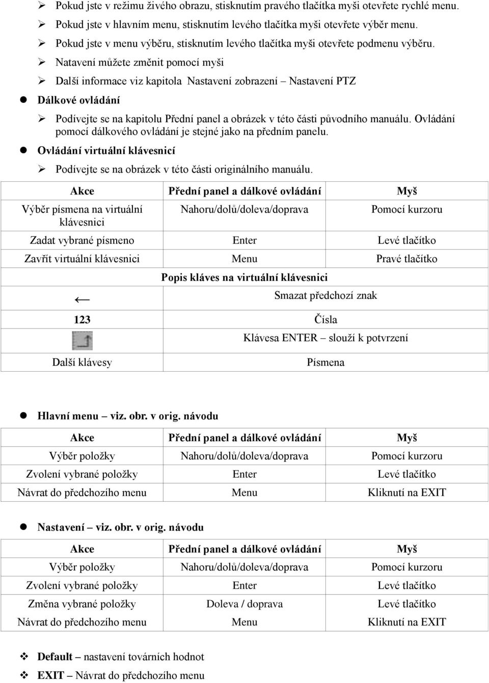 Natavení můžete změnit pomocí myši Další informace viz kapitola Nastavení zobrazení Nastavení PTZ Dálkové ovládání Podívejte se na kapitolu Přední panel a obrázek v této části původního manuálu.