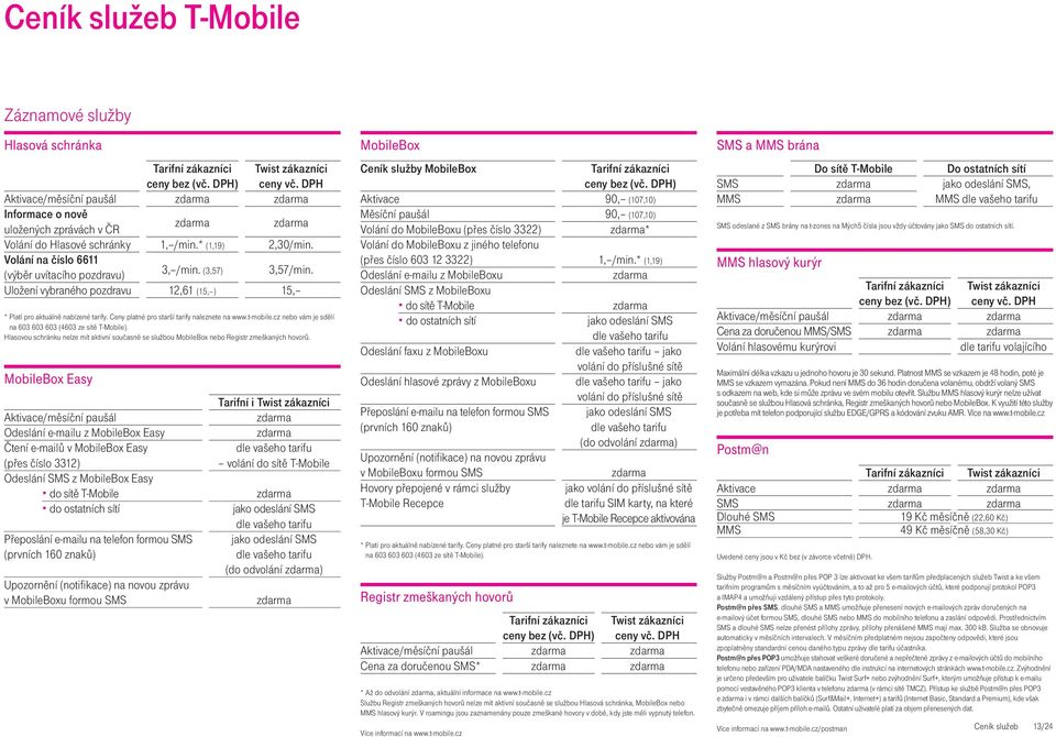 Ceny platné pro starší tarify naleznete na www.t-mobile.cz nebo vám je sdělí na 603 603 603 (4603 ze sítě T-Mobile).