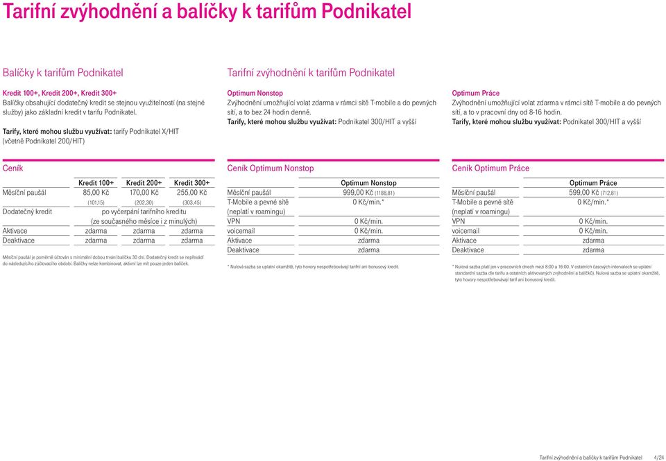 Tarify, které mohou službu využívat: tarify Podnikatel X/HIT (včetně Podnikatel 200/HIT) Tarifní zvýhodnění k tarifům Podnikatel Optimum Nonstop Zvýhodnění umožňující volat v rámci sítě T-mobile a do