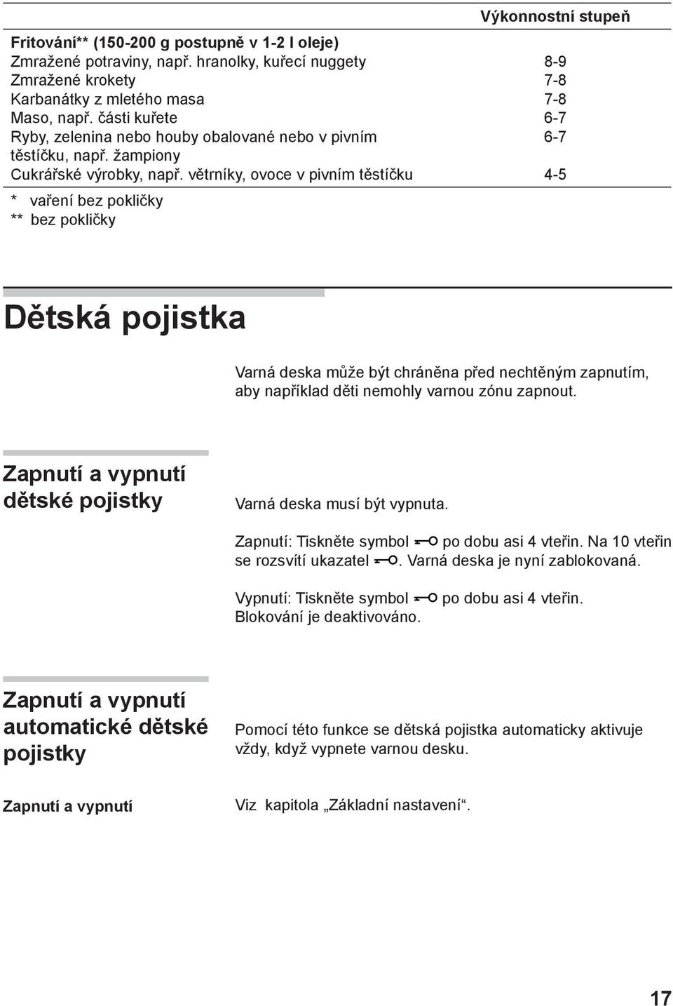 větrníky, ovoce v pivním těstíčku * vaření bez pokličky ** bez pokličky Výkonnostní stupeň 8-9 7-8 7-8 6-7 6-7 4-5 Dětská pojistka Varná deska může být chráněna před nechtěným zapnutím, aby například