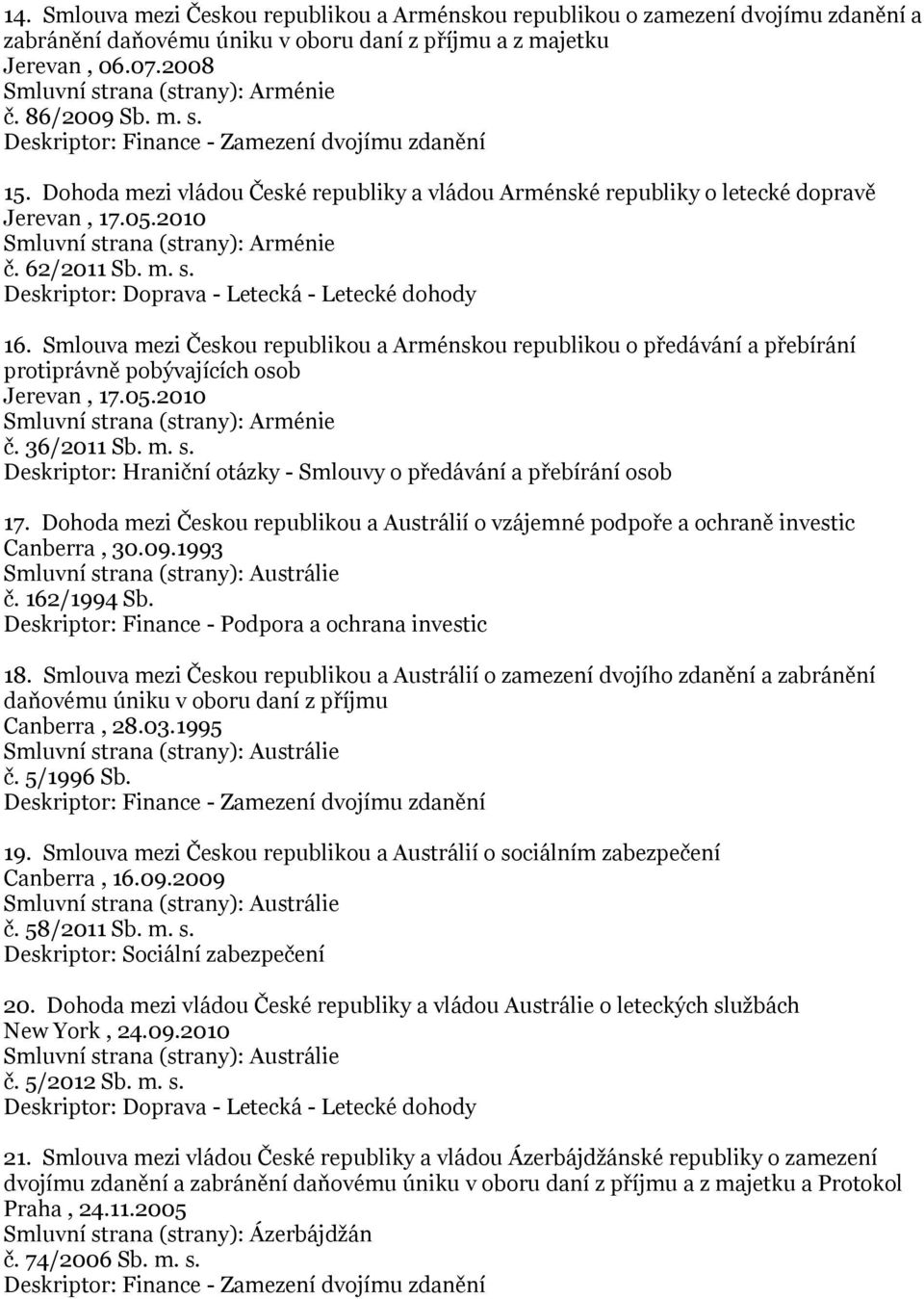 62/2011 Sb. m. s. Deskriptor: Doprava - Letecká - Letecké dohody 16. Smlouva mezi Českou republikou a Arménskou republikou o předávání a přebírání protiprávně pobývajících osob Jerevan, 17.05.