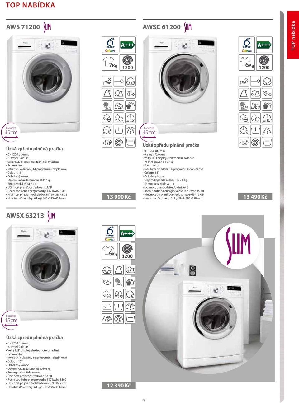 smysl Colours Velký LED displej, elektronické ovládání Intuitivní ovládání, 14 programů + doplňkové Colours 15 Objem/kapacita bubnu: 46 l/ 7 kg Energetická třída A+++ Účinnost praní/odstřeďování: A/