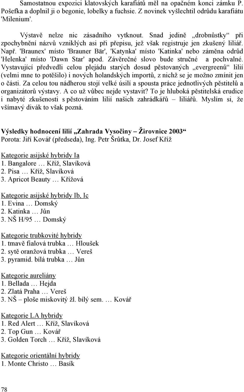 'Braunex' místo 'Brauner Bär', 'Katynka' místo 'Katinka' nebo záměna odrůd 'Helenka' místo 'Dawn Star' apod. Závěrečné slovo bude stručné a pochvalné.