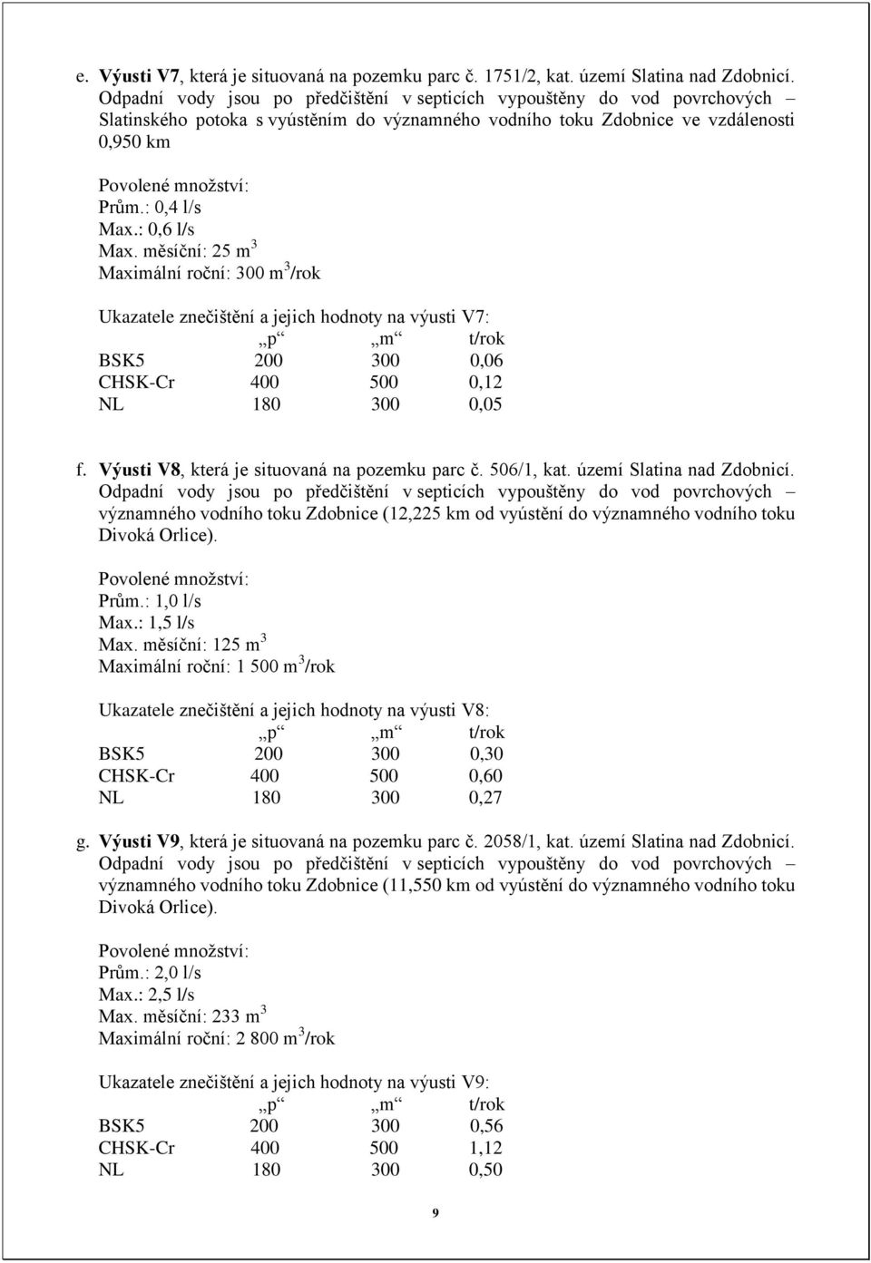 : 0,4 l/s Max.: 0,6 l/s Max. měsíční: 25 m 3 Maximální roční: 300 m 3 /rok Ukazatele znečištění a jejich hodnoty na výusti V7: p m t/rok BSK5 200 300 0,06 CHSK-Cr 400 500 0,12 NL 180 300 0,05 f.
