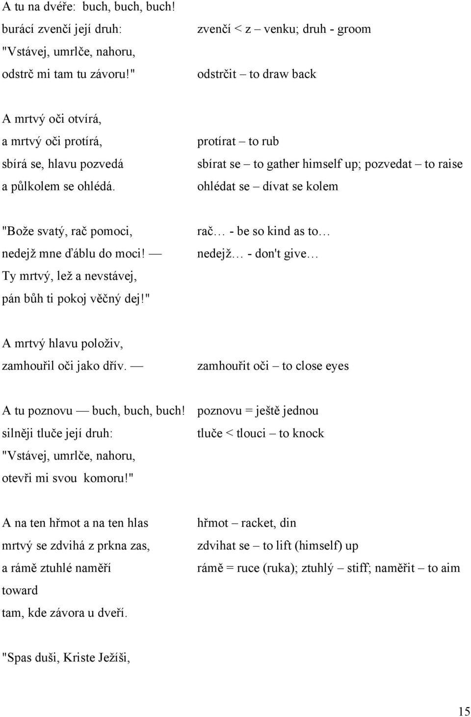 protírat to rub sbírat se to gather himself up; pozvedat to raise ohlédat se dívat se kolem "Bože svatý, rač pomoci, nedejž mne ďáblu do moci! Ty mrtvý, lež a nevstávej, pán bůh ti pokoj věčný dej!