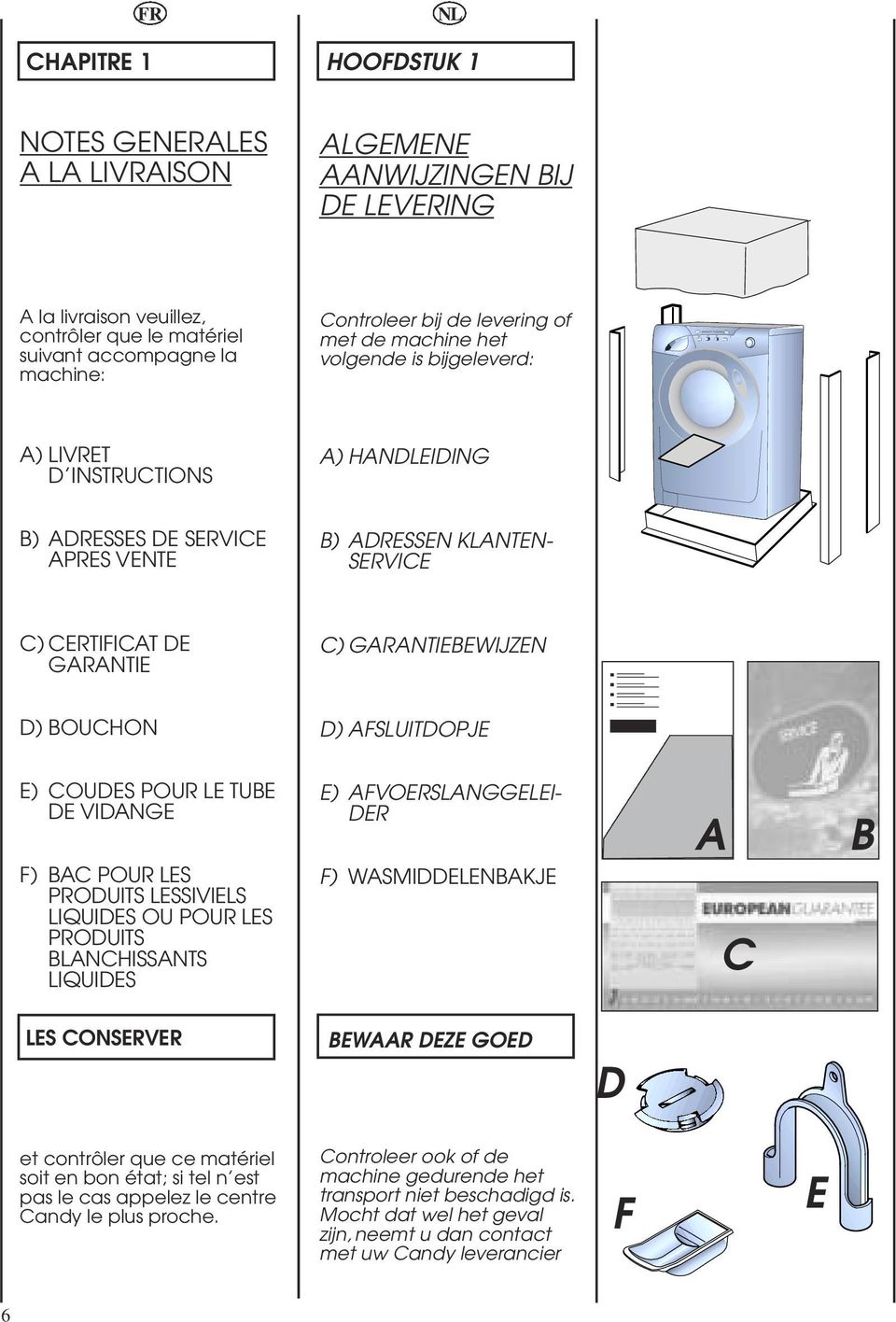 GARANTIEBEWIJZEN D) BOUCHON D) AFSLUITDOPJE E) COUDES POUR LE TUBE DE VIDANGE F) BAC POUR LES PRODUITS LESSIVIELS LIQUIDES OU POUR LES PRODUITS BLANCHISSANTS LIQUIDES E) AFVOERSLANGGELEI DER F)