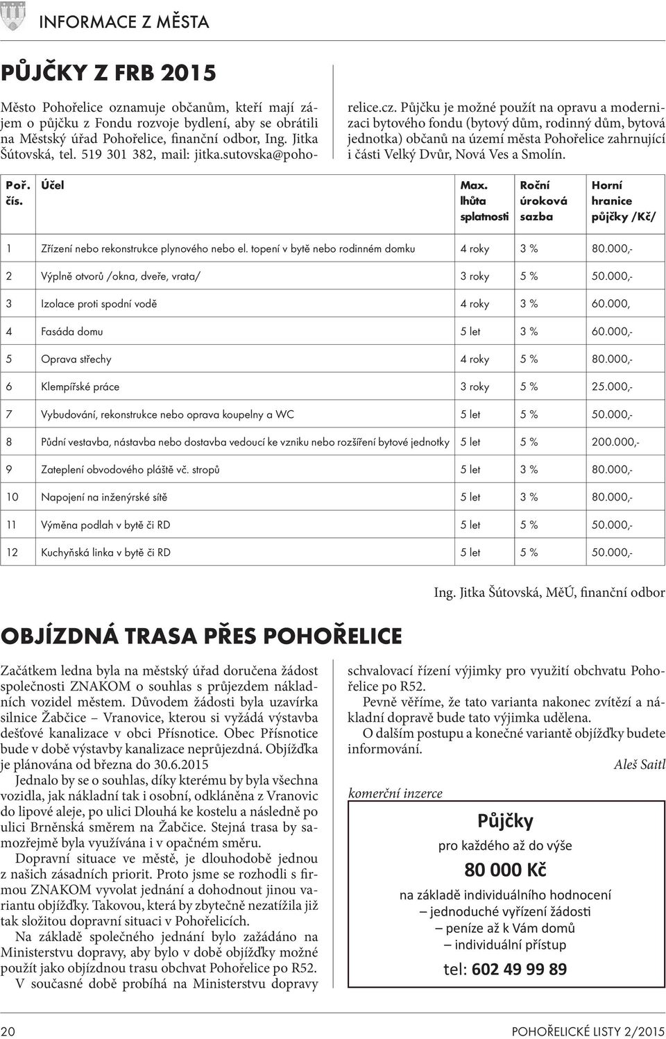 Půjčku je možné použít na opravu a modernizaci bytového fondu (bytový dům, rodinný dům, bytová jednotka) občanů na území města Pohořelice zahrnující i části Velký Dvůr, Nová Ves a Smolín. Poř. čís.