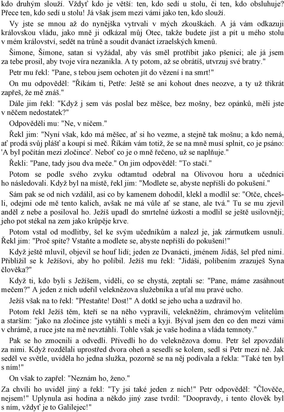 A já vám odkazuji královskou vládu, jako mně ji odkázal můj Otec, takže budete jíst a pít u mého stolu v mém království, sedět na trůně a soudit dvanáct izraelských kmenů.