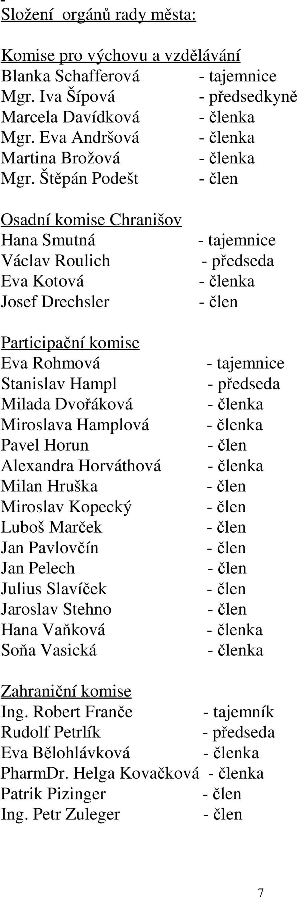 Štěpán Podešt - člen Osadní komise Chranišov Hana Smutná - tajemnice Václav Roulich - předseda Eva Kotová - členka Josef Drechsler - člen Participační komise Eva Rohmová - tajemnice Stanislav Hampl -