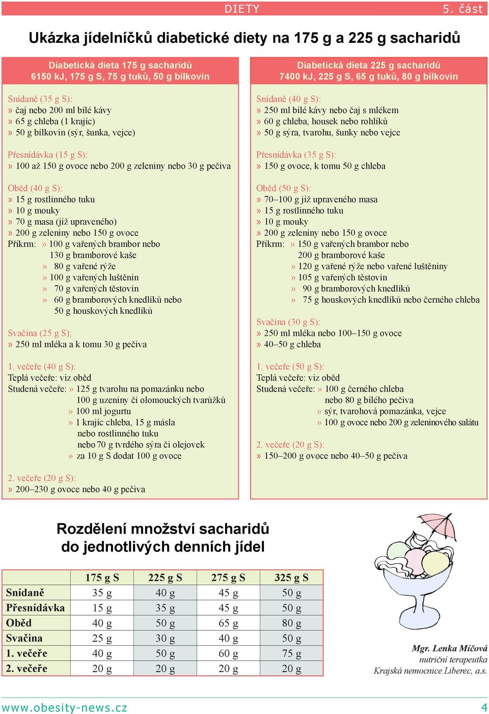 chleba (1 krajíc)» 50 g bílkovin (sýr, šunka, vejce) Přesnídávka (15 g S):» 100 až 150 g ovoce nebo 200 g zeleniny nebo 30 g pečiva Oběd (40 g S):» 15 g rostlinného tuku» 10 g mouky» 70 g masa (již