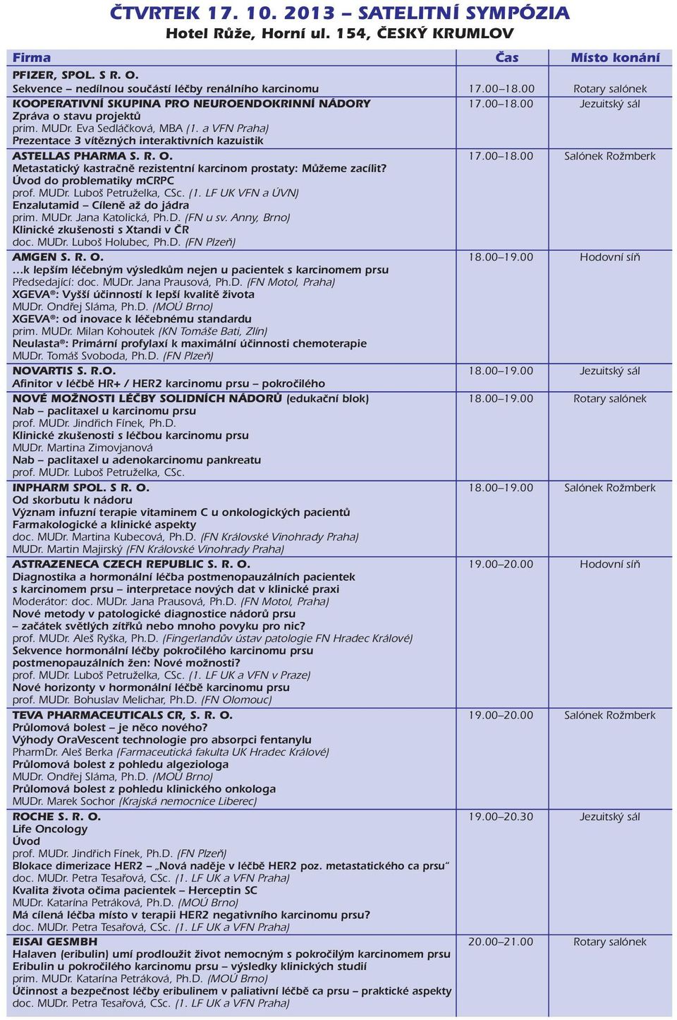 a VFN Praha) Prezentace vítězných interaktivních kazuistik ASTELLAS PHARMA S. R. O. 7.00 8.00 Salónek Rožmberk Metastatický kastračně rezistentní karcinom prostaty: Můžeme zacílit?