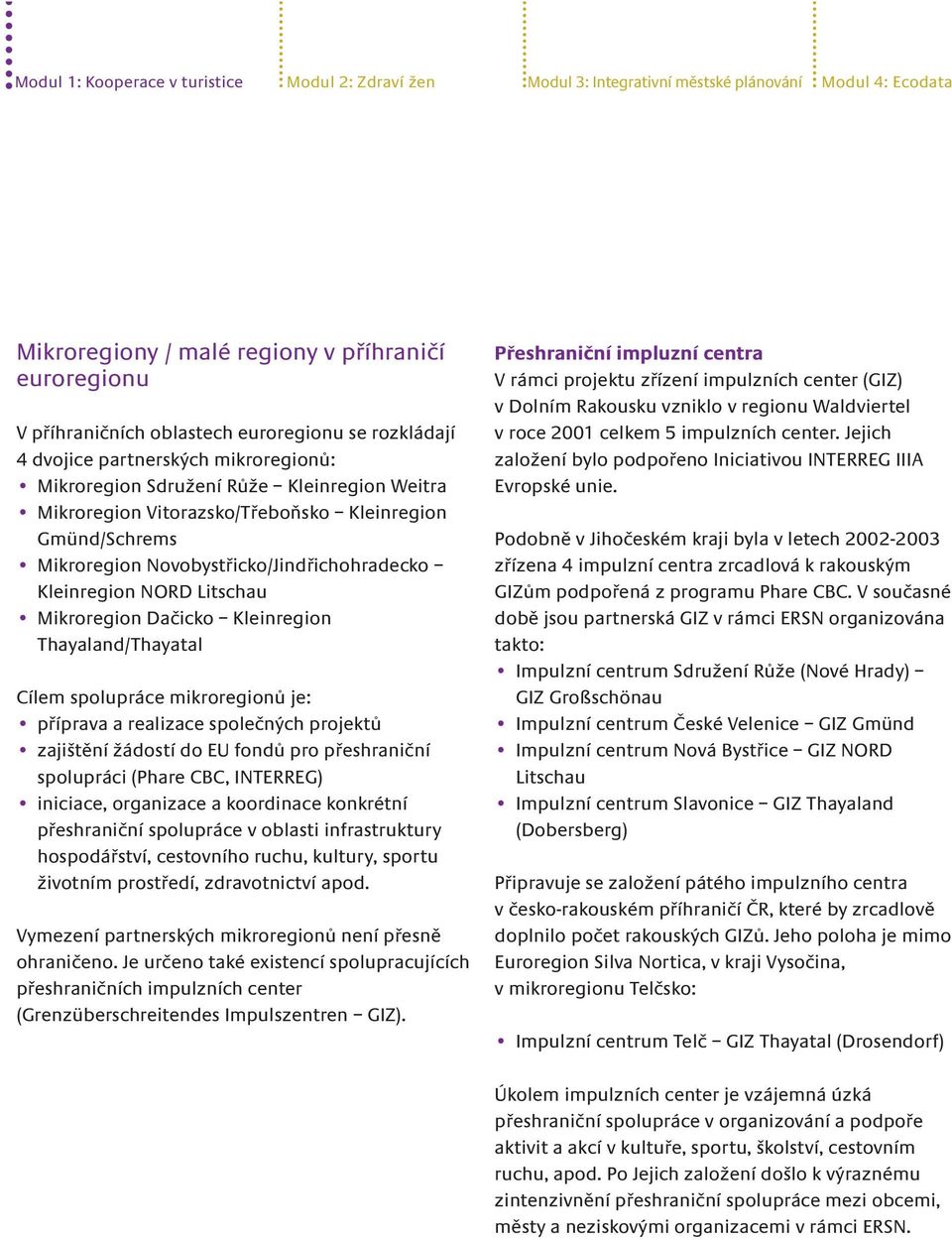 Kleinregion NORD Litschau Mikroregion Dačicko Kleinregion Thayaland/Thayatal Cílem spolupráce mikroregionů je: příprava a realizace společných projektů zajištění žádostí do EU fondů pro přeshraniční