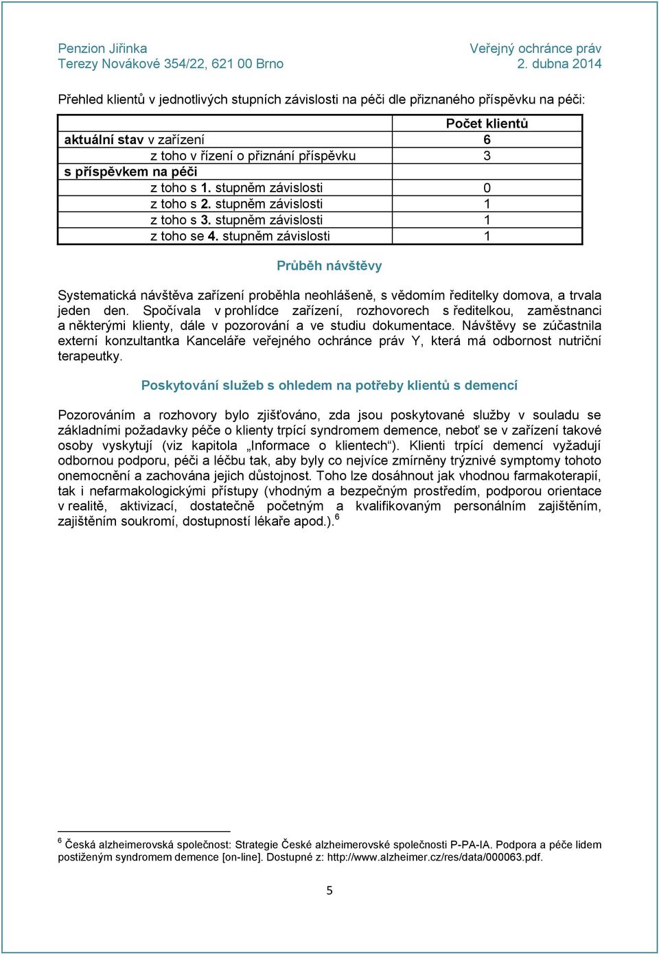 stupněm závislosti 1 Průběh návštěvy Systematická návštěva zařízení proběhla neohlášeně, s vědomím ředitelky domova, a trvala jeden den.