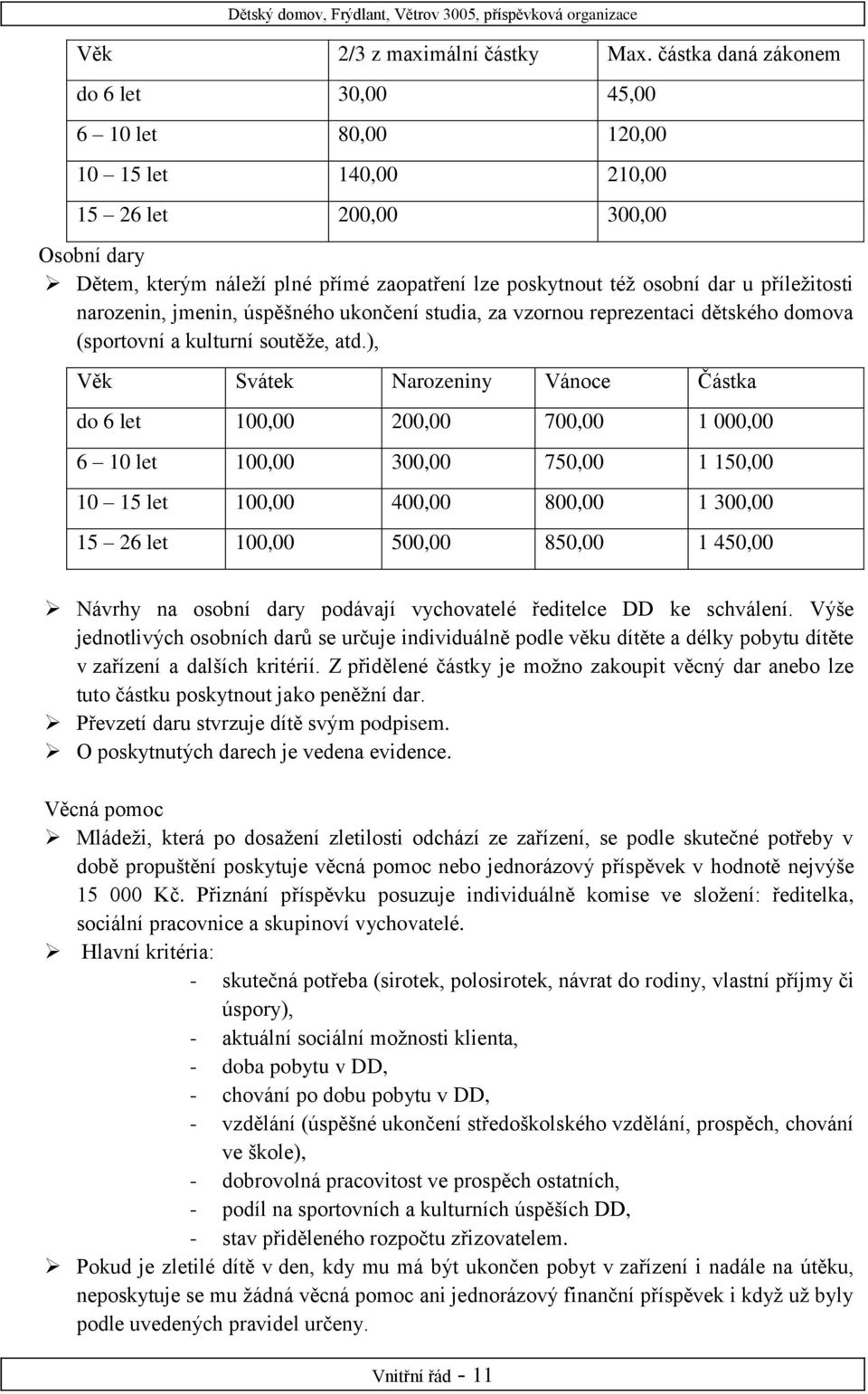 příležitosti narozenin, jmenin, úspěšného ukončení studia, za vzornou reprezentaci dětského domova (sportovní a kulturní soutěže, atd.