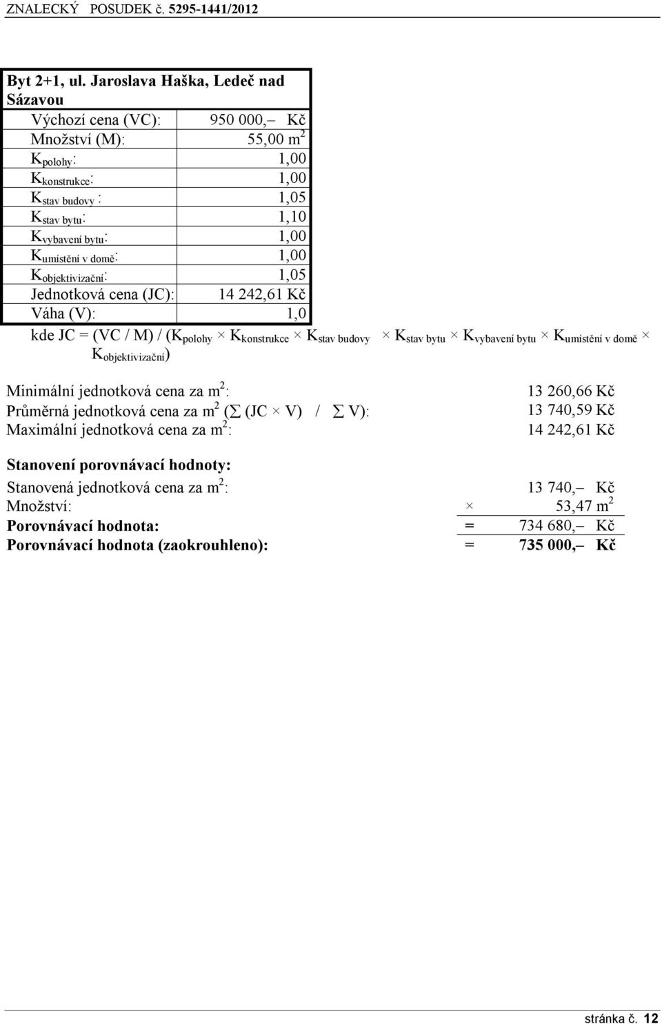 umístění v domě : 1,00 K objektivizační : 1,05 Jednotková cena (JC): 14 242,61 Kč Váha (V): 1,0 kde JC = (VC / M) / (K polohy K konstrukce K stav budovy K stav bytu K vybavení bytu K umístění v