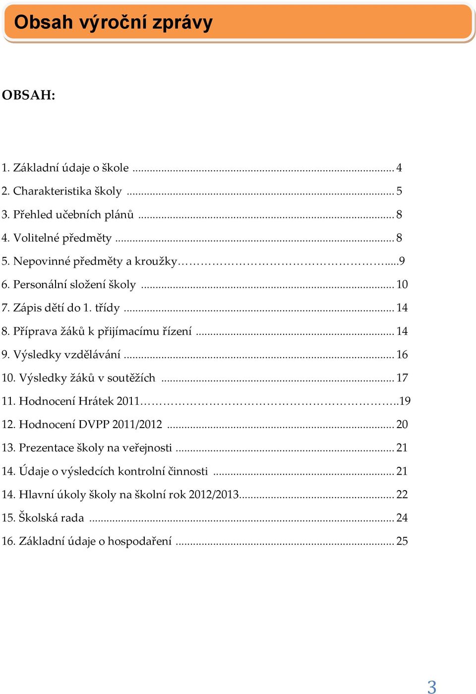 Výsledky vzdělávání... 16 10. Výsledky žáků v soutěžích... 17 11. Hodnocení Hrátek 2011..19 12. Hodnocení DVPP 2011/2012... 20 13.