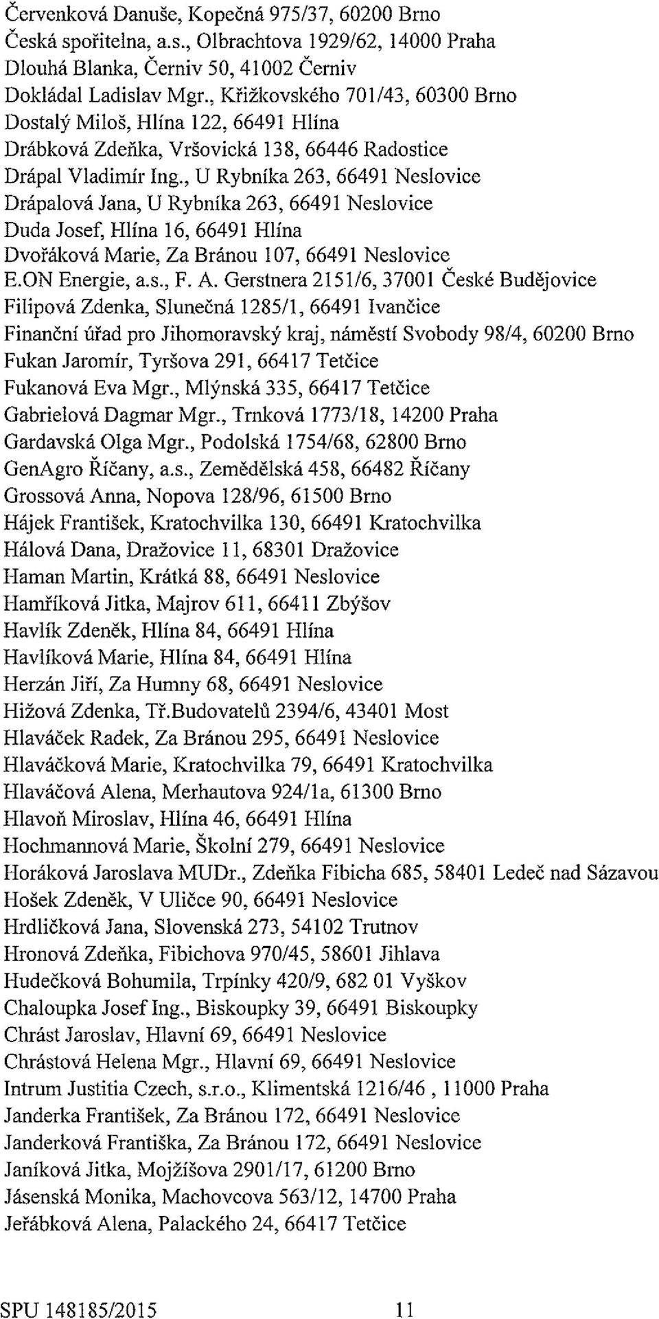 , U Rybníka 263, 66491 Neslovice Drápalová Jana, U Rybníka 263, 66491 Neslovice Duda Josef, Hlína 16, 66491 Hlína Dvořáková Marie, Za Bránou 107, 66491 Neslovice E.ON Energie, a.s., F. A.