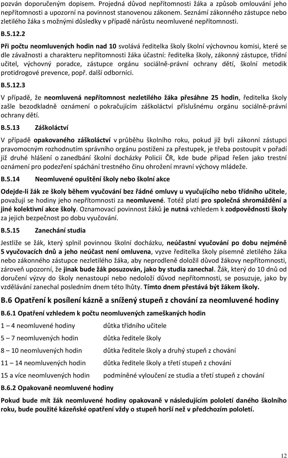 2 Při počtu neomluvených hodin nad 10 svolává ředitelka školy školní výchovnou komisi, které se dle závažnosti a charakteru nepřítomnosti žáka účastní: ředitelka školy, zákonný zástupce, třídní