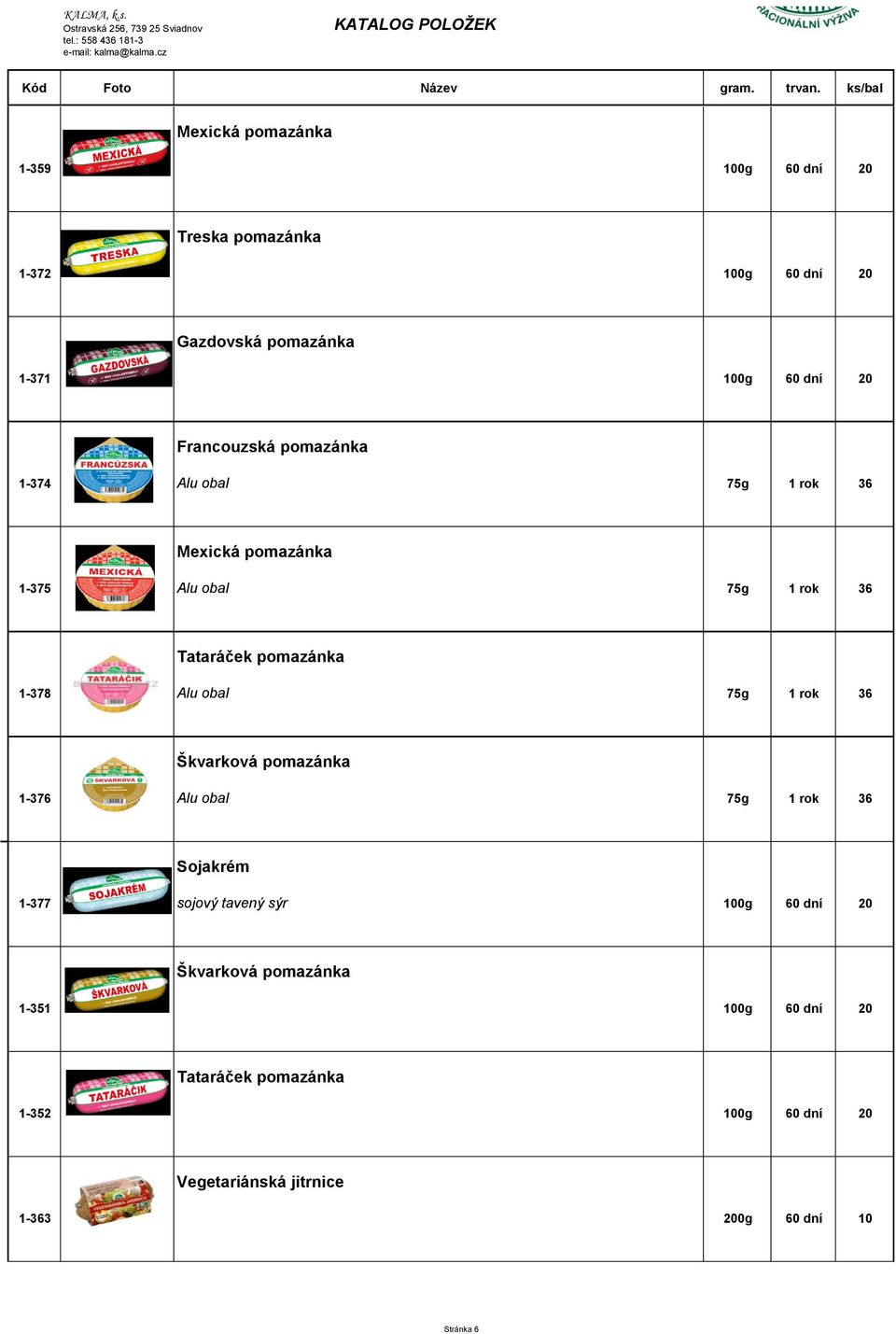 100g 60 dní 20 200g 60 dní 10 1-359 Treska pomazánka 1-372 Gazdovská pomazánka 1-371 Francouzská pomazánka 1-374 Alu obal Mexická