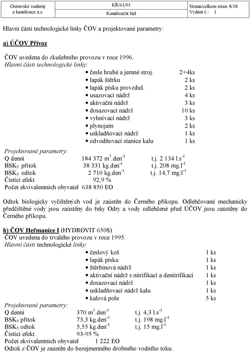 usazovací nádrž aktivační nádrž dosazovací nádrž vyhnívací nádrž plynojem uskladňovací nádrž odvodňovací stanice kalu Projektované parametry: Q denní 184 372 m 3.den -1 t.j. 2 134 l.