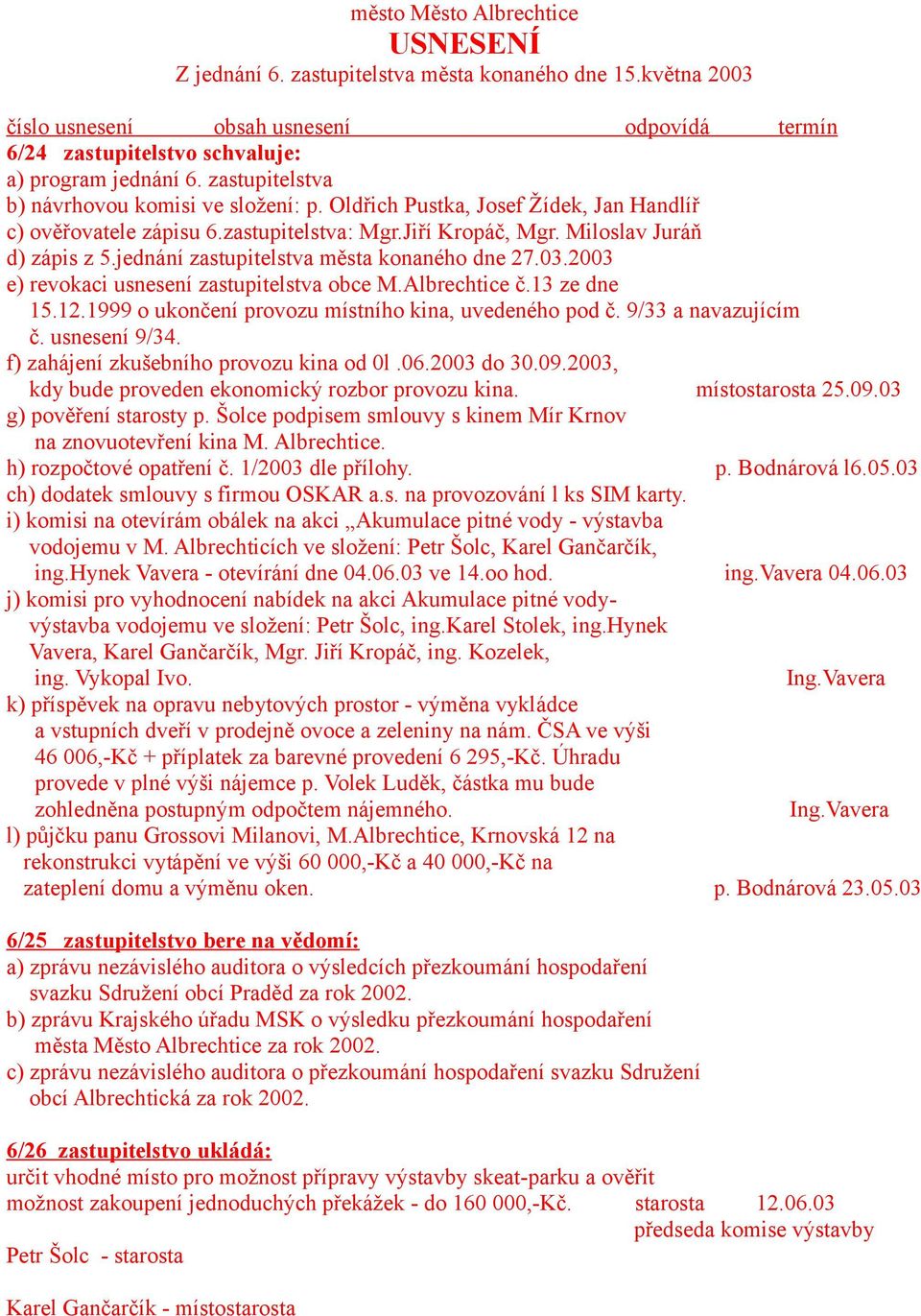 jednání zastupitelstva města konaného dne 27.03.2003 e) revokaci usnesení zastupitelstva obce M.Albrechtice č.13 ze dne 15.12.1999 o ukončení provozu místního kina, uvedeného pod č.