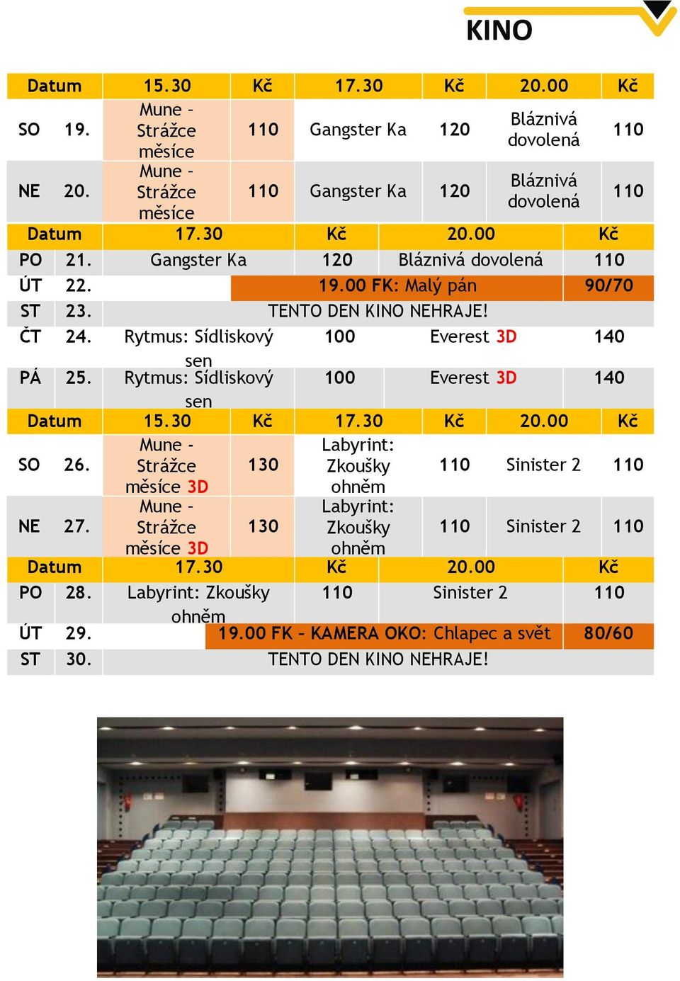 Rytmus: Sídliskový 100 Everest 3D 140 sen Datum 15.30 Kč 17.30 Kč 20.00 Kč Mune - Labyrint: SO 26. Strážce měsíce 3D 130 Zkoušky ohněm 110 Sinister 2 110 NE 27.