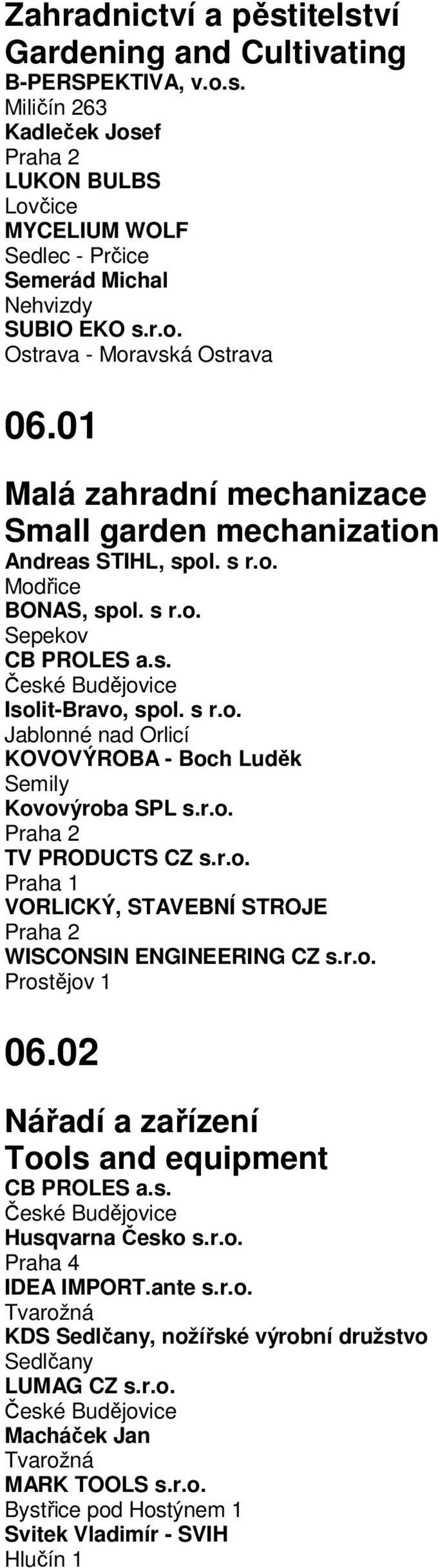 r.o. Praha 2 TV PRODUCTS CZ s.r.o. VORLICKÝ, STAVEBNÍ STROJE Praha 2 WISCONSIN ENGINEERING CZ s.r.o. Prostějov 1 06.02 Nářadí a zařízení Tools and equipment CB PROLES a.s. Husqvarna Česko s.r.o. IDEA IMPORT.