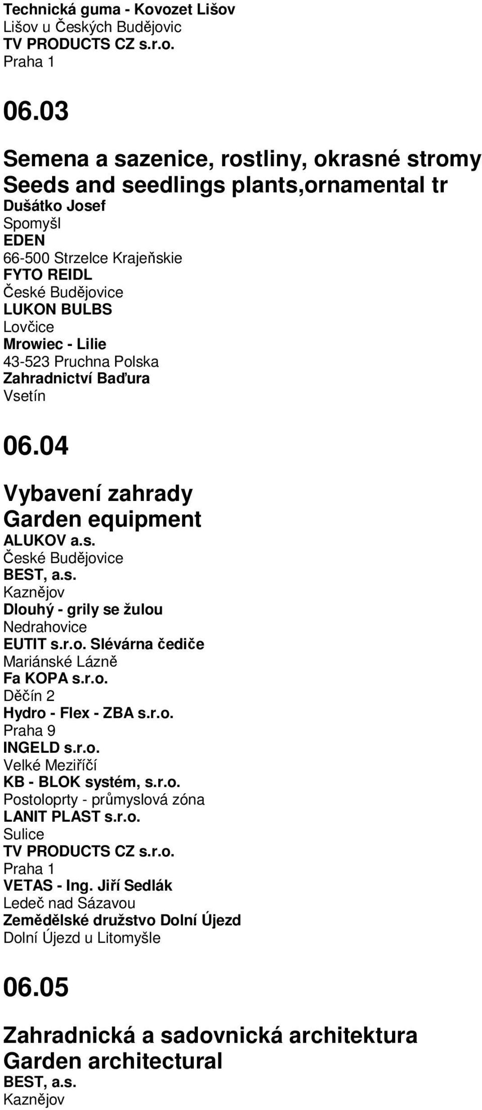 Pruchna Polska Zahradnictví Baďura Vsetín 06.04 Vybavení zahrady Garden equipment ALUKOV a.s. BEST, a.s. Kaznějov Dlouhý - grily se žulou Nedrahovice EUTIT s.r.o. Slévárna čediče Mariánské Lázně Fa KOPA s.