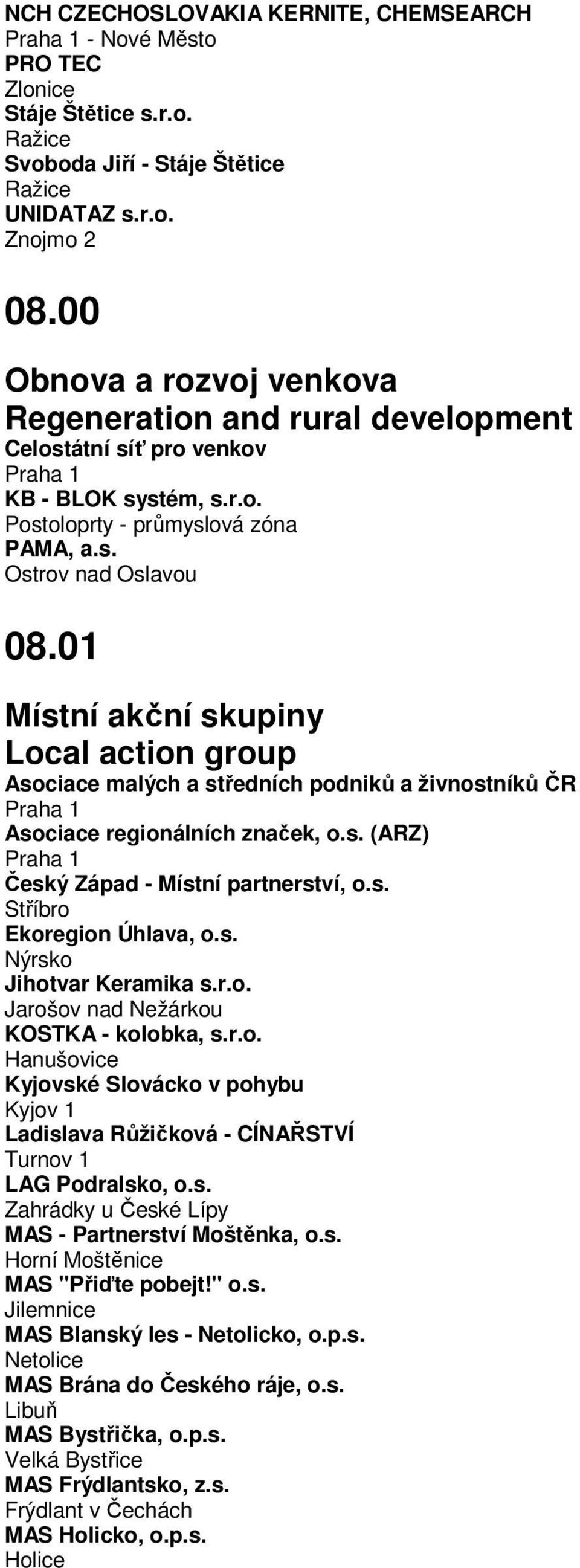 01 Místní akční skupiny Local action group Asociace malých a středních podniků a živnostníků ČR Asociace regionálních značek, o.s. (ARZ) Český Západ - Místní partnerství, o.s. Stříbro Ekoregion Úhlava, o.