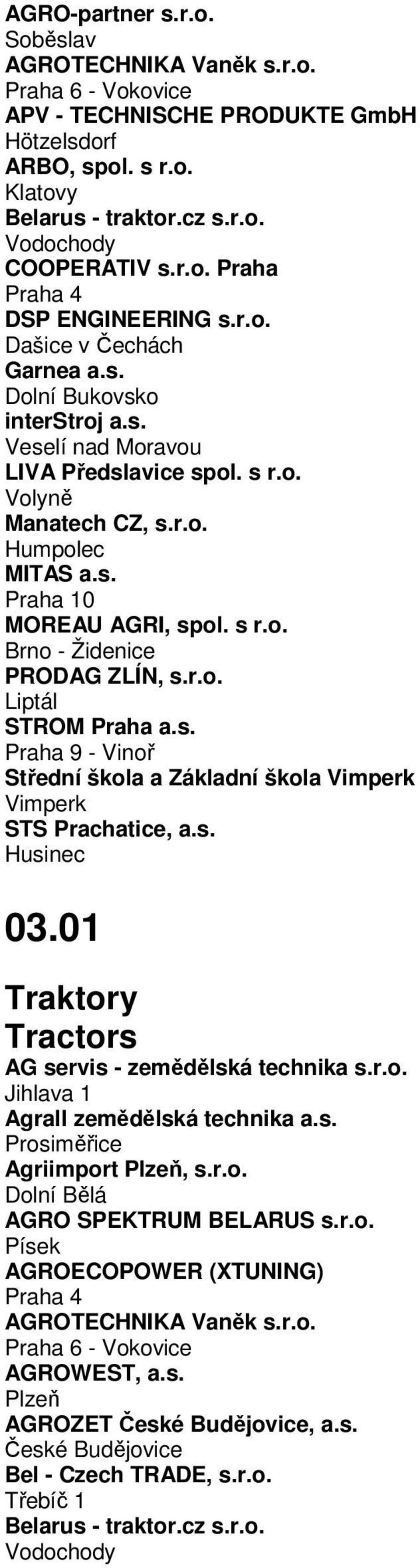 r.o. Liptál STROM Praha a.s. Praha 9 - Vinoř Střední škola a Základní škola Vimperk Vimperk STS Prachatice, a.s. Husinec 03.01 Traktory Tractors AG servis - zemědělská technika s.r.o. Jihlava 1 Agrall zemědělská technika a.