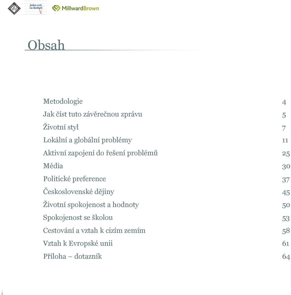 preference 37 Československé dějiny 45 Životní spokojenost a hodnoty 50 Spokojenost