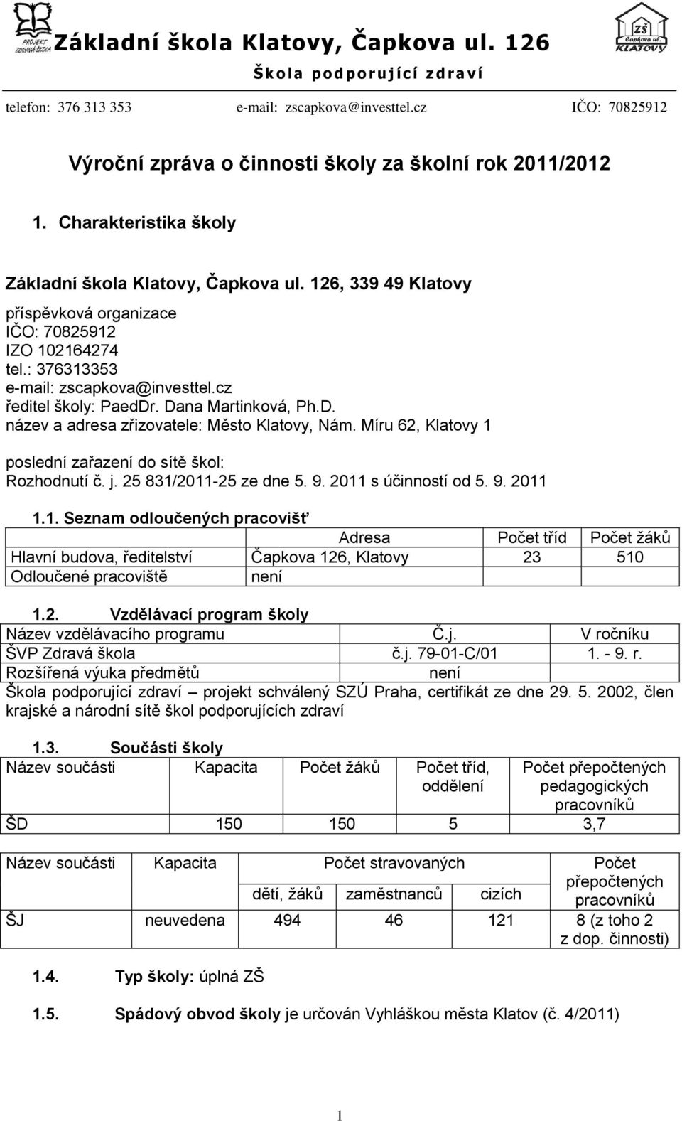 Dana Martinková, Ph.D. název a adresa zřizovatele: Město Klatovy, Nám. Míru 62, Klatovy poslední zařazení do sítě škol: Rozhodnutí č. j. 25 83/20-25 ze dne 5. 9. 20 