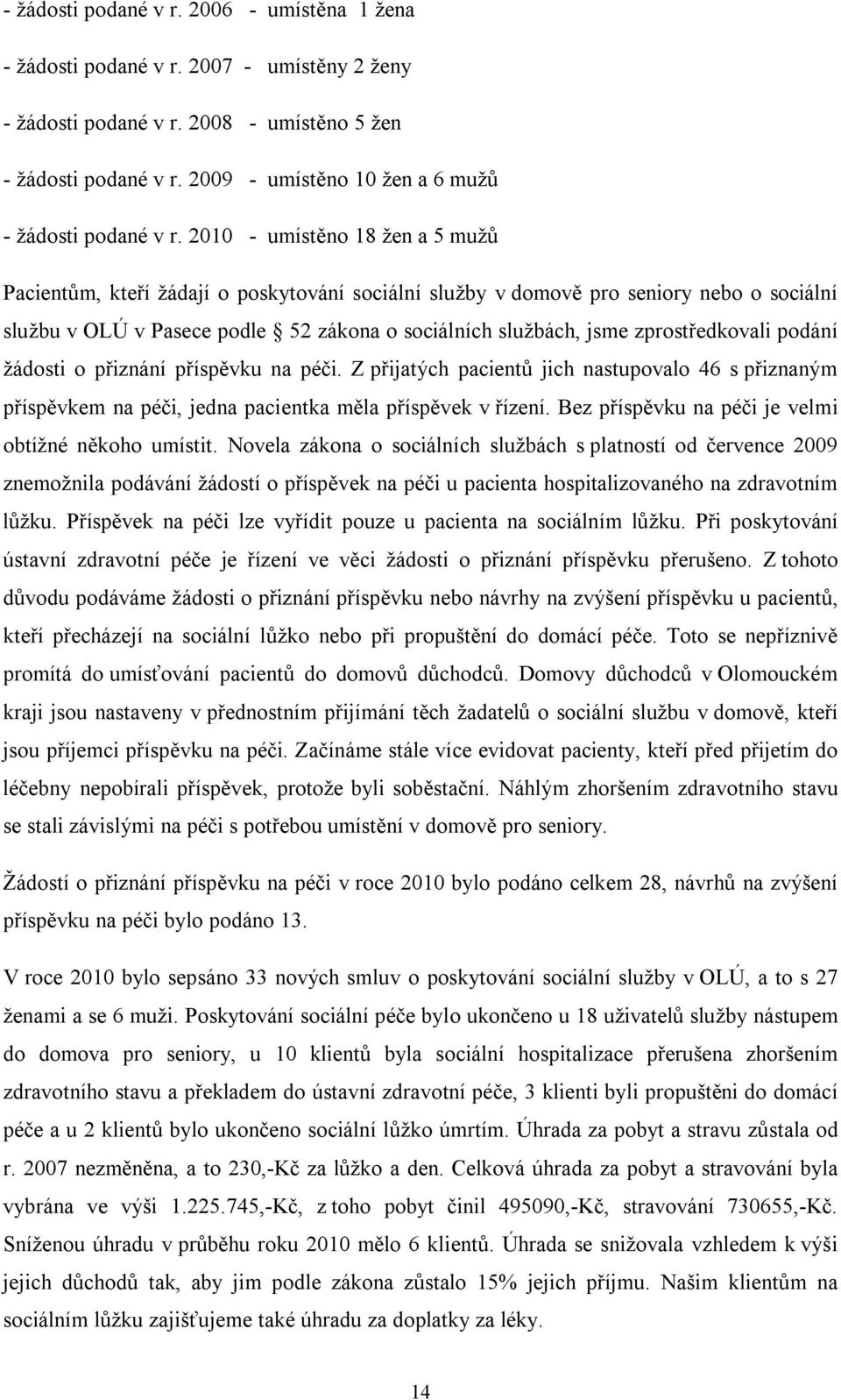 2010 - umístěno 18 žen a 5 mužů Pacientům, kteří žádají o poskytování sociální služby v domově pro seniory nebo o sociální službu v OLÚ v Pasece podle 52 zákona o sociálních službách, jsme