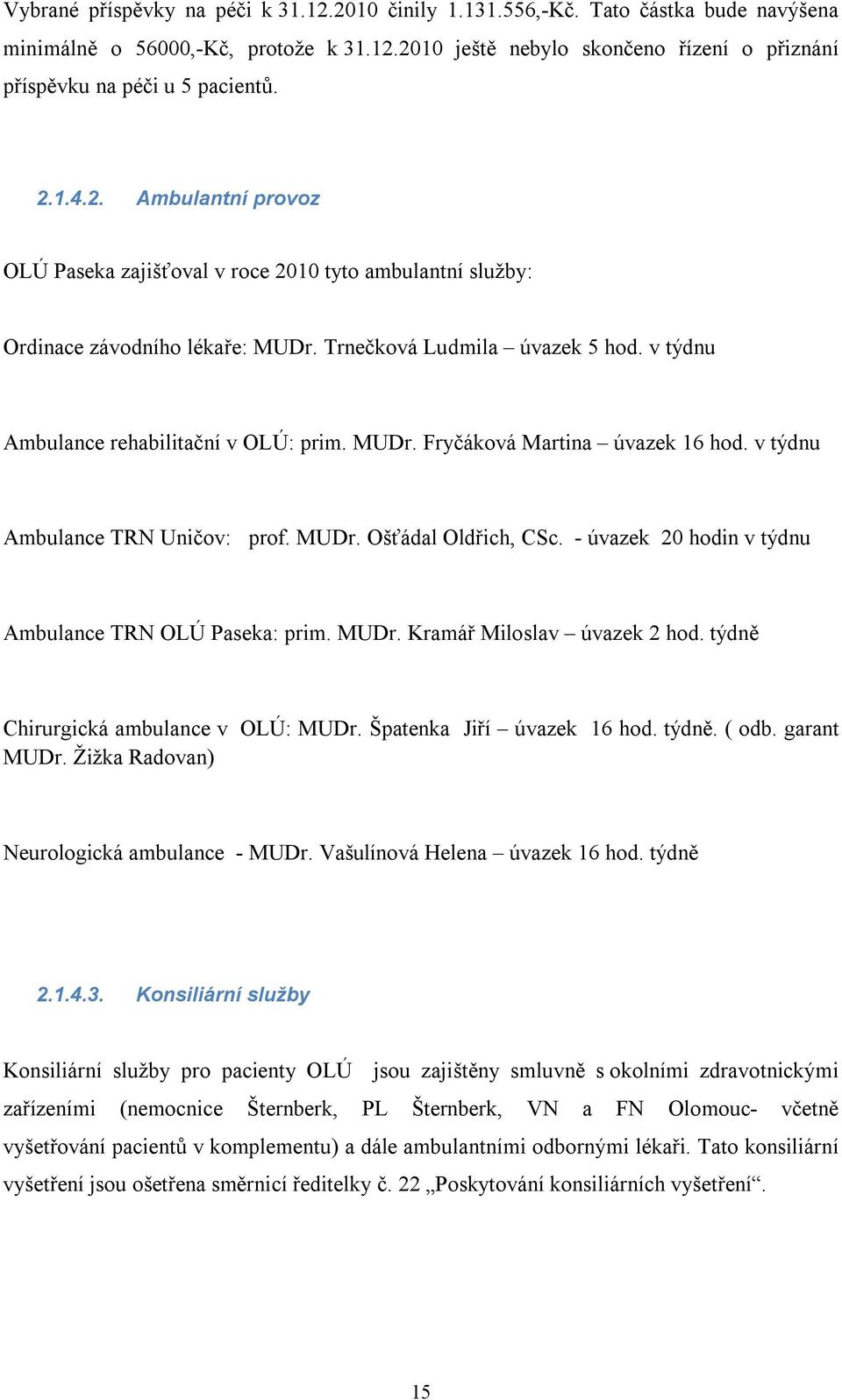 v týdnu Ambulance TRN Uničov: prof. MUDr. Ošťádal Oldřich, CSc. - úvazek 20 hodin v týdnu Ambulance TRN OLÚ Paseka: prim. MUDr. Kramář Miloslav úvazek 2 hod. týdně Chirurgická ambulance v OLÚ: MUDr.