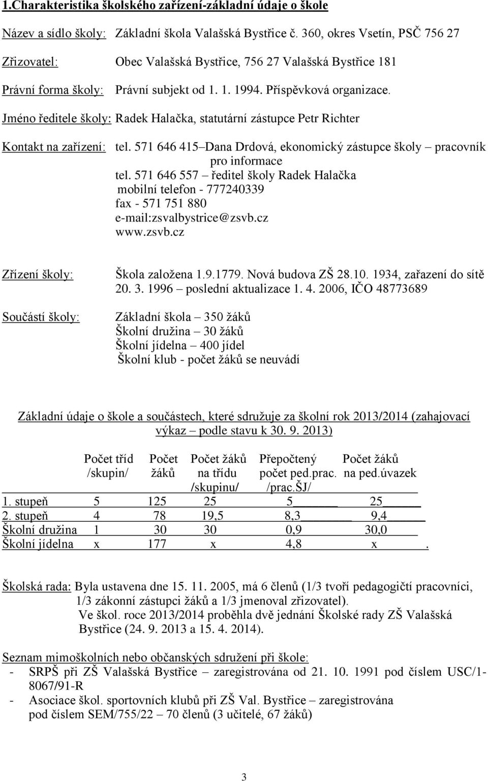 Jméno ředitele školy: Radek Halačka, statutární zástupce Petr Richter Kontakt na zařízení: tel. 571 646 415 Dana Drdová, ekonomický zástupce školy pracovník pro informace tel.