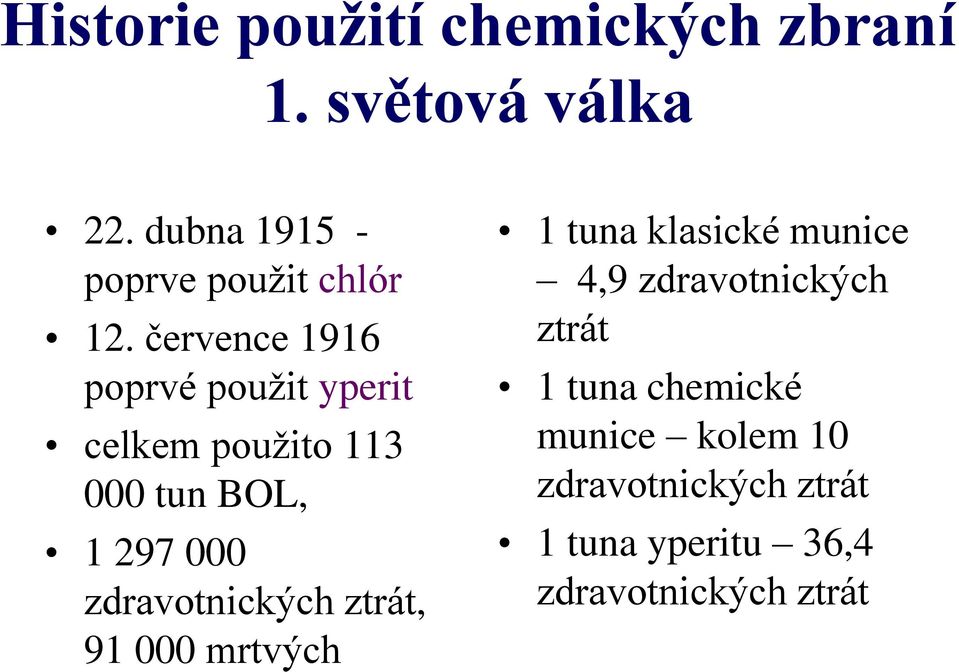 července 1916 poprvé použit yperit celkem použito 113 000 tun BOL, 1 297 000