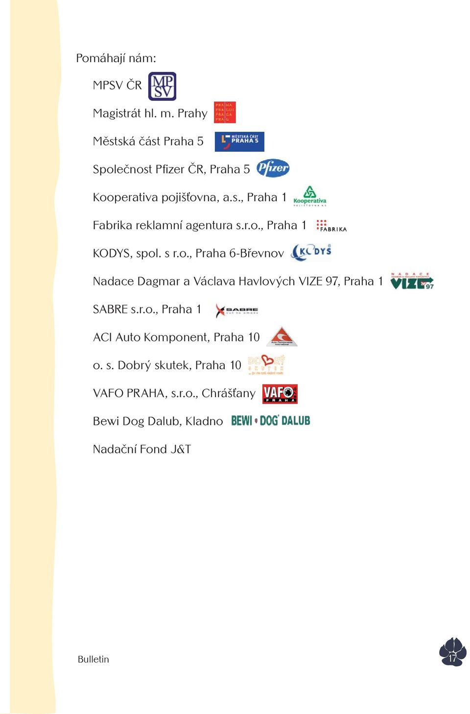 r.o., Praha 1 KODYS, spol. s r.o., Praha 6-Břevnov Nadace Dagmar a Václava Havlových VIZE 97, Praha 1 SABRE s.