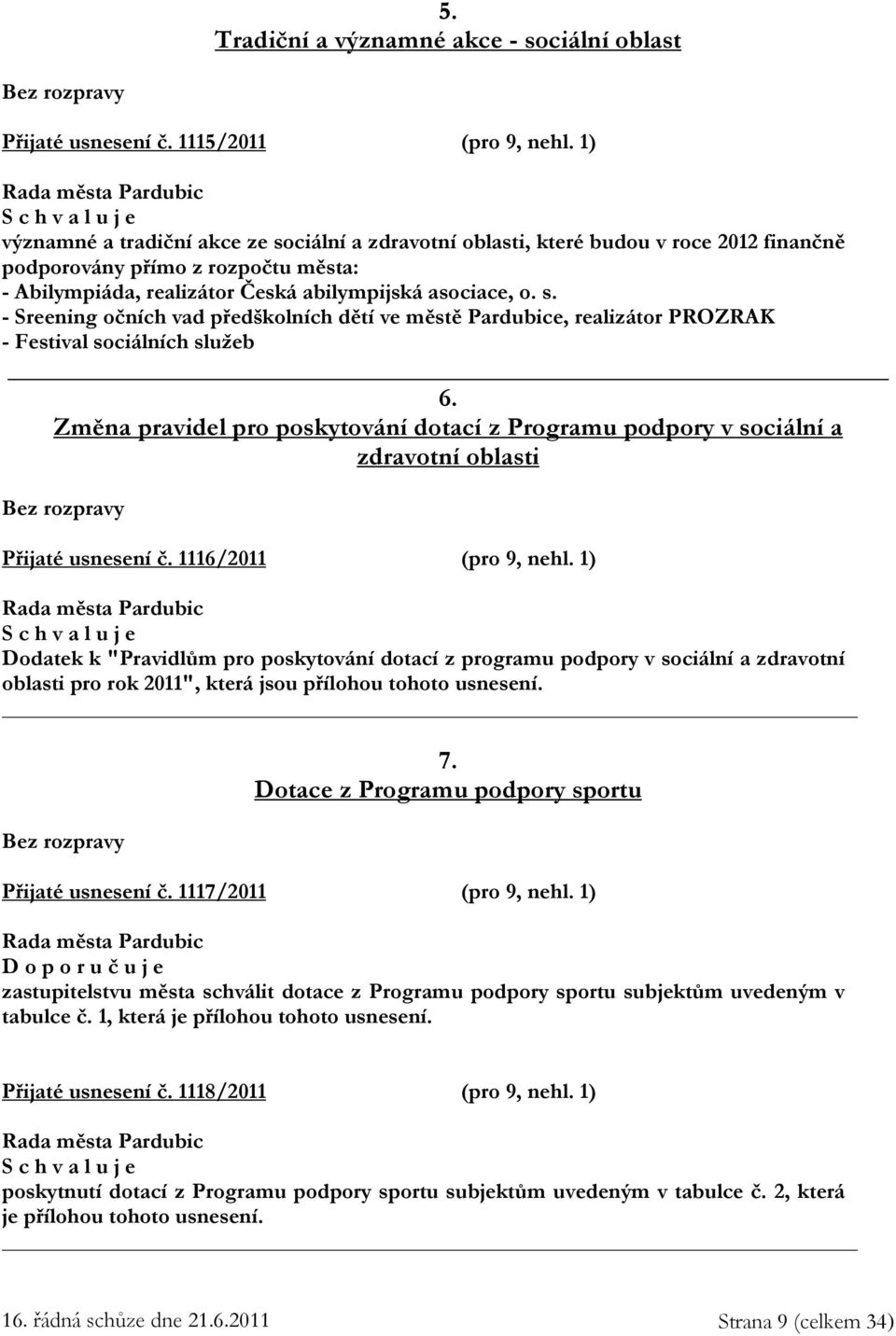 Změna pravidel pro poskytování dotací z Programu podpory v sociální a zdravotní oblasti Přijaté usnesení č. 1116/2011 (pro 9, nehl.