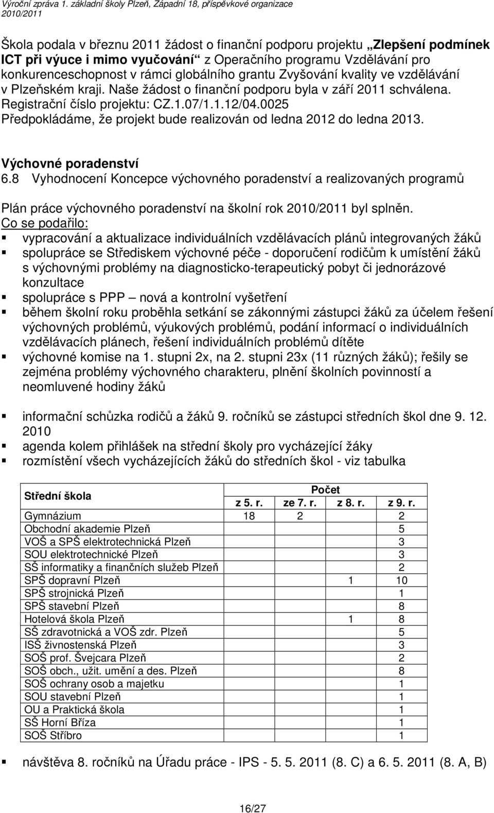 0025 Předpokládáme, že projekt bude realizován od ledna 2012 do ledna 2013. Výchovné poradenství 6.