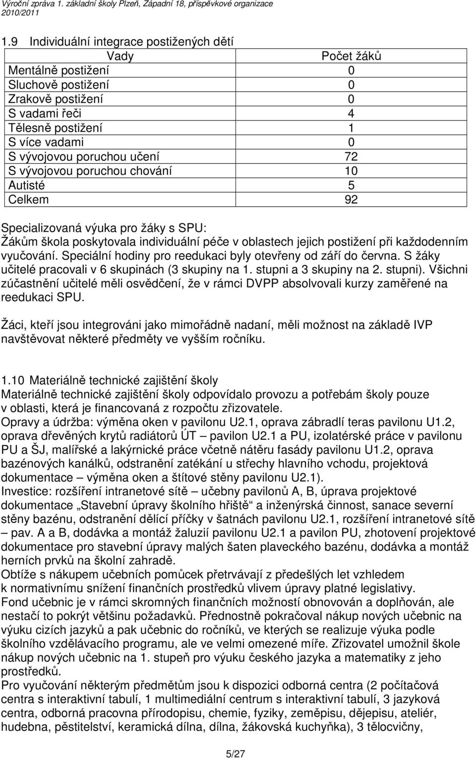 Speciální hodiny pro reedukaci byly otevřeny od září do června. S žáky učitelé pracovali v 6 skupinách (3 skupiny na 1. stupni a 3 skupiny na 2. stupni).