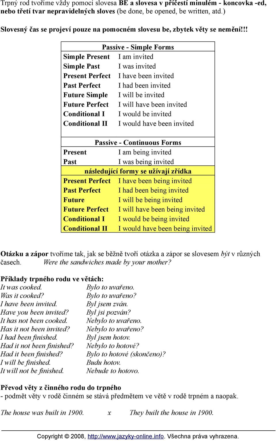 !! Passive - Simple Forms Simple Present I am invited Simple Past I was invited Present Perfect I have been invited Past Perfect I had been invited Future Simple I will be invited Future Perfect I