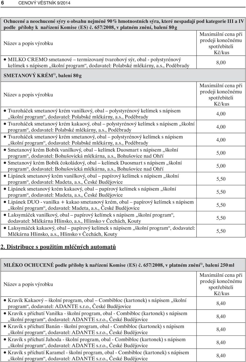 kelímek s nápisem školní program, dodavatel: Polabské mlékárny, a.s., Poděbrady SMETANOVÝ KRÉM 1), balení 80 g Název a popis výrobku Tvaroháček smetanový krém vanilkový, obal polystyrénový kelímek s nápisem školní program, dodavatel: Polabské mlékárny, a.