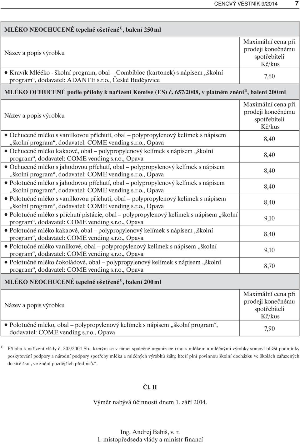 657/2008, v platném znění 1), balení 200 ml Název a popis výrobku Ochucené mléko s vanilkovou příchutí, obal polypropylenový kelímek s nápisem školní program, dodavatel: COME vending s.r.o., Opava Ochucené mléko kakaové, obal polypropylenový kelímek s nápisem školní program, dodavatel: COME vending s.