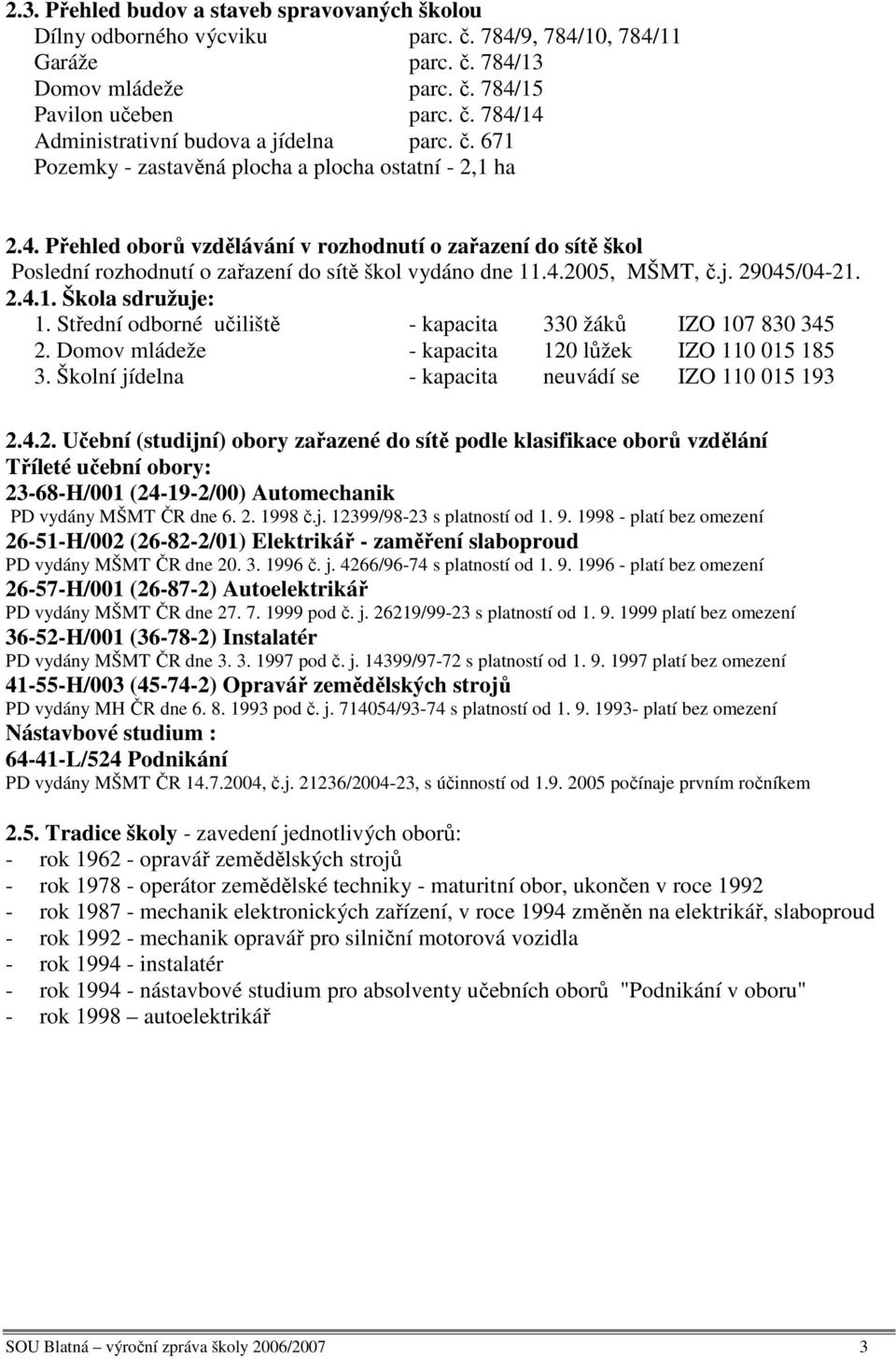 j. 29045/04-21. 2.4.1. Škola sdružuje: 1. Střední odborné učiliště - kapacita 330 žáků IZO 107 830 345 2. Domov mládeže - kapacita 120 lůžek IZO 110 015 185 3.