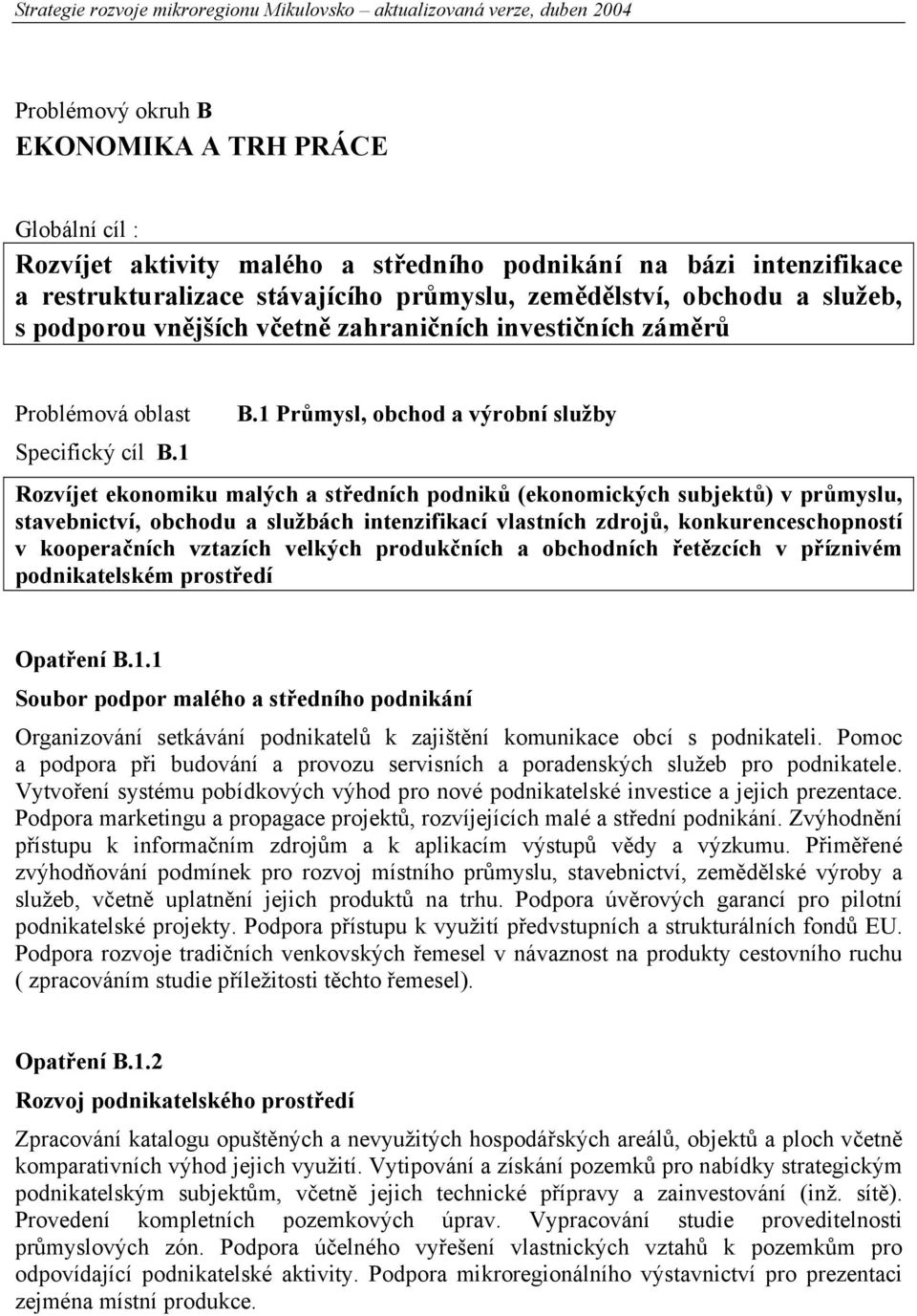 1 Průmysl, obchod a výrobní služby Rozvíjet ekonomiku malých a středních podniků (ekonomických subjektů) v průmyslu, stavebnictví, obchodu a službách intenzifikací vlastních zdrojů,