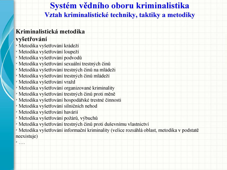 vyšetřování organizované kriminality Metodika vyšetřování trestných činů proti měně Metodika vyšetřování hospodářské trestné činnosti Metodika vyšetřování silničních nehod Metodika vyšetřování